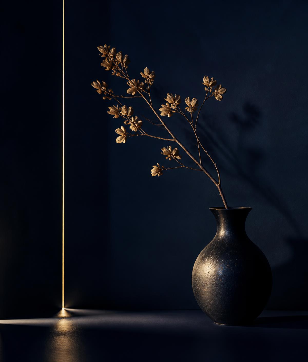Dried golden branch in a dark vessel against deep navy